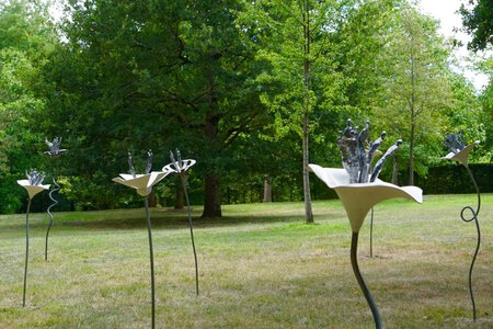 Installation au domaine de Poulaines de 10 fleurs en acier, tissus de verre, r&eacute;sines teint&eacute;es et enjoliveurs transform&eacute;s (Corolles entre 35 et 45 cm de circonf&eacute;rence, tiges de 120 &agrave; 220 cm de hauteur)